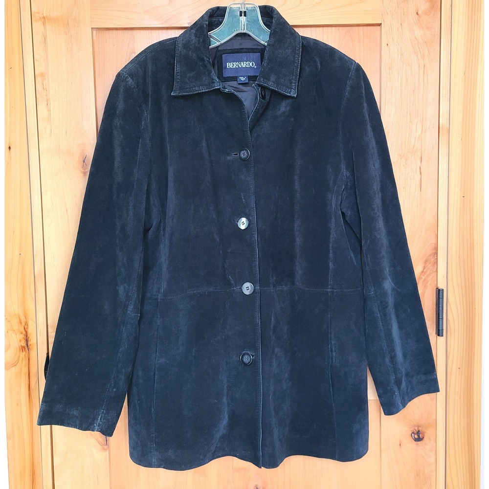 Vintage Y2K Bernardo Black Suede Leather Jacket LARGE Button Front Mid Length L